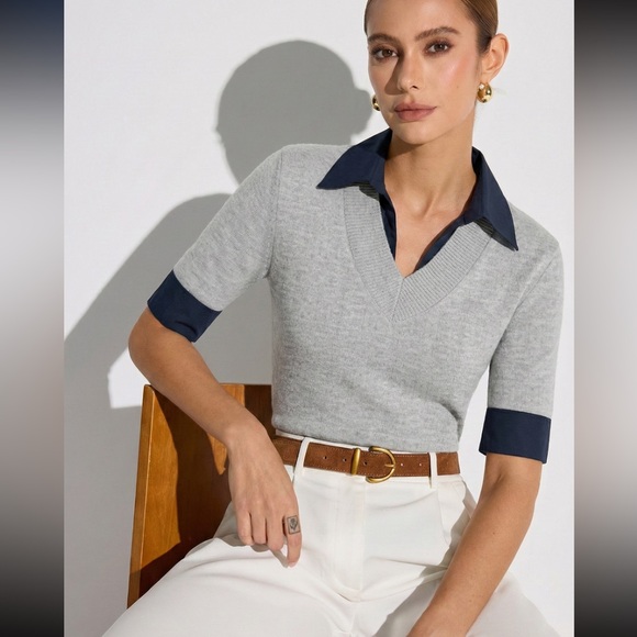 REVOLVE Tops - Contrast collar Classic Grey V-Neck Short Sleeve Sweater with Navy Trim